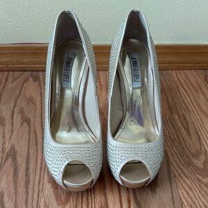 Jennifer Lopez Crystal-Studded Peep-Toe Heels in Champagne